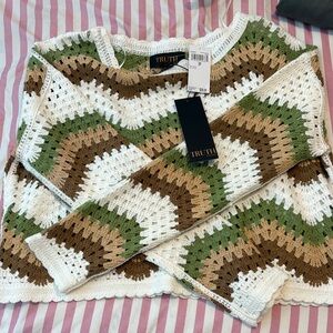 TRUTH Chevron Crocheted Top in White, Olive & Brown